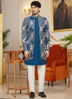 Art Silk Aqua Blue Wedding Wear Thread Work Readymade Indo Western Sherwani